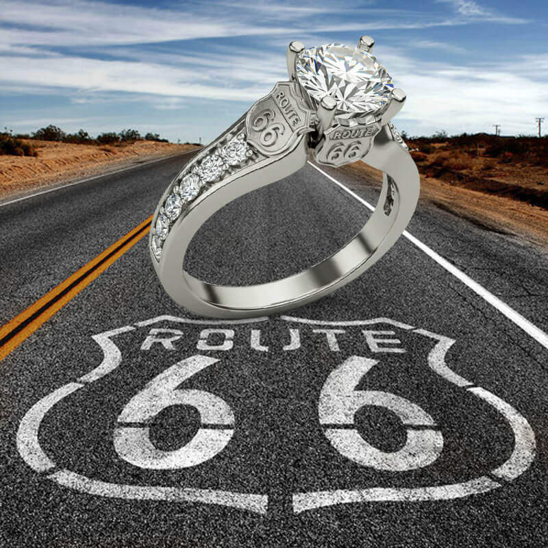 Route 66 Inspired Moissanite Sidestones Accents Engagement Ring