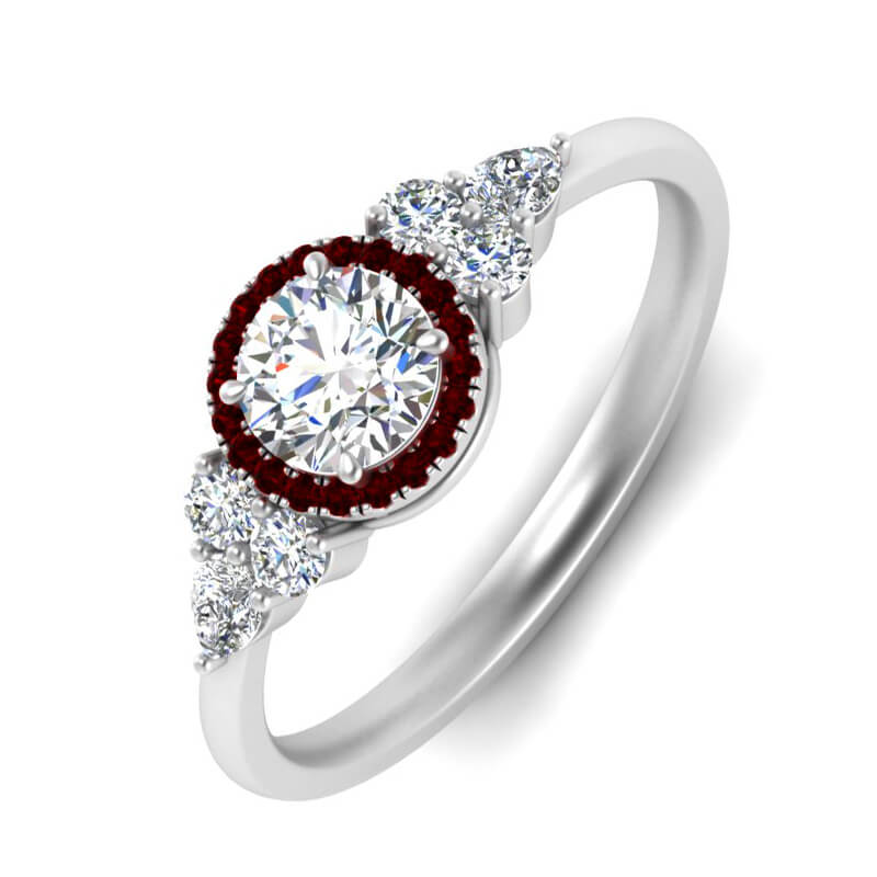Ruby Halo Moissanite Cluster Side Stone Engagement Ring