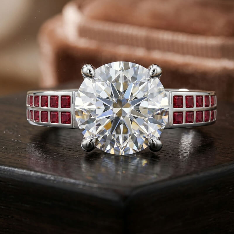Ruby Brick Pattern Moissanite Wide Band Engagement Ring