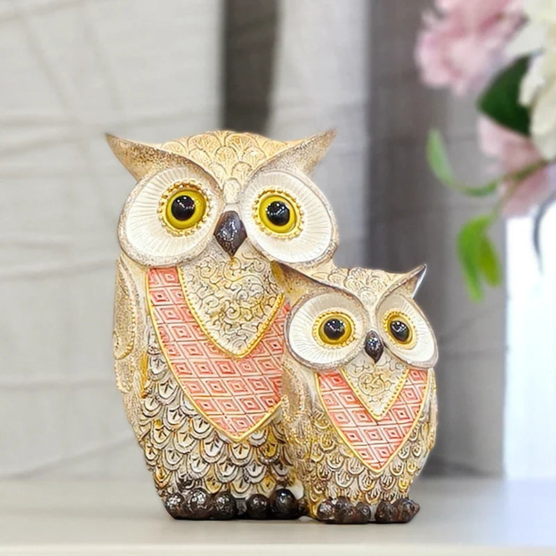 Gold and Red Owl Family Figurine