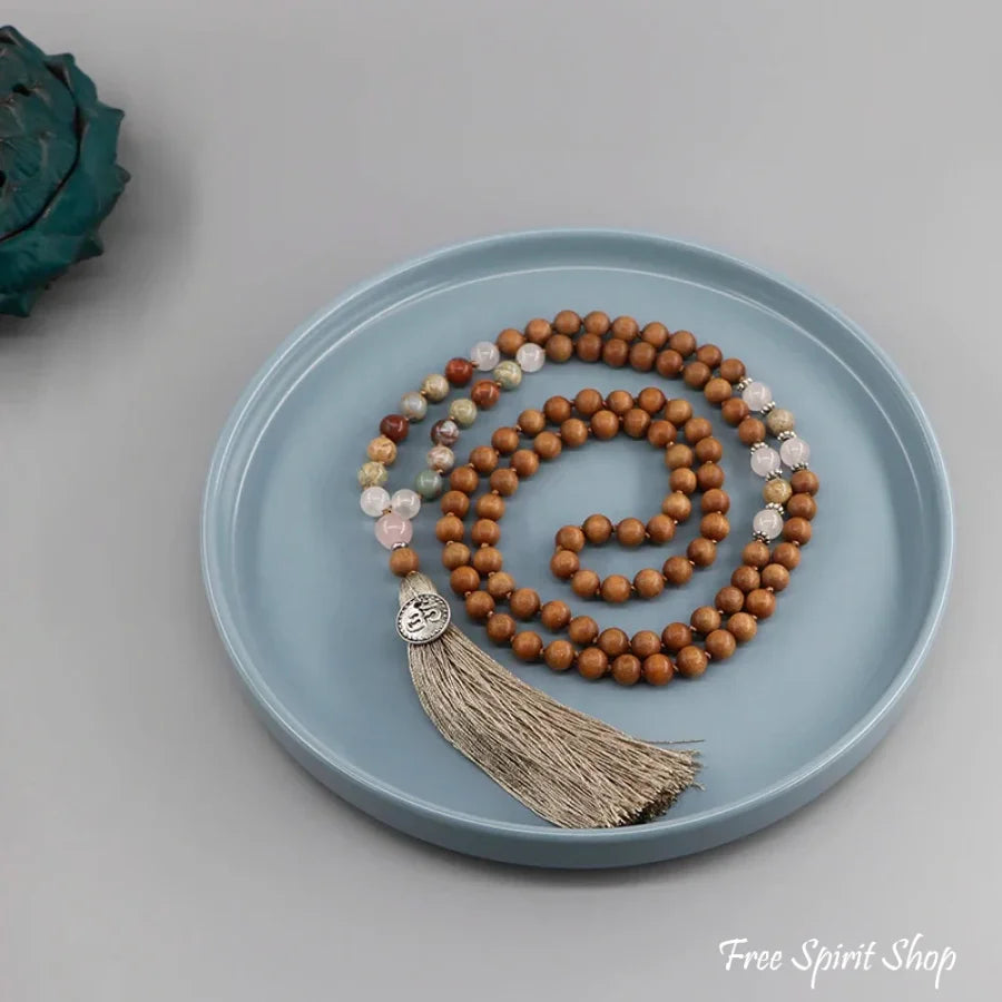 108 Natural Sandalwood Rose Quartz & Jasper Mala Bead Necklace