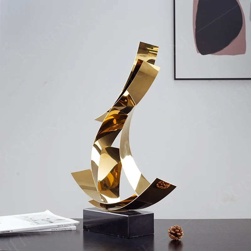 Abstract Polished Steel Ribbon Sculpture with Marble Base