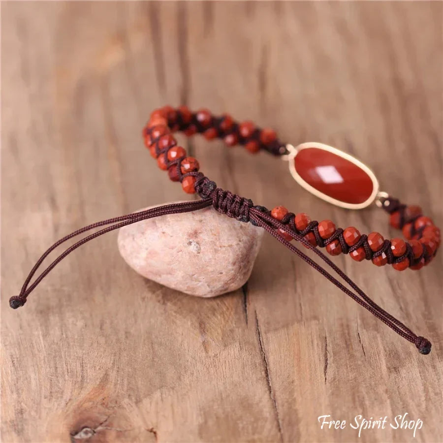 Natural Red Jasper Stone Bead Adjustable Bracelet