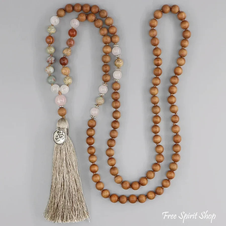 108 Natural Sandalwood Rose Quartz & Jasper Mala Bead Necklace