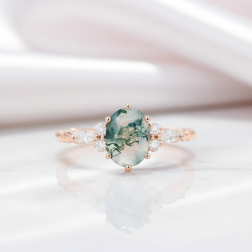 Natural Oval Moss Agate Promise Ring
