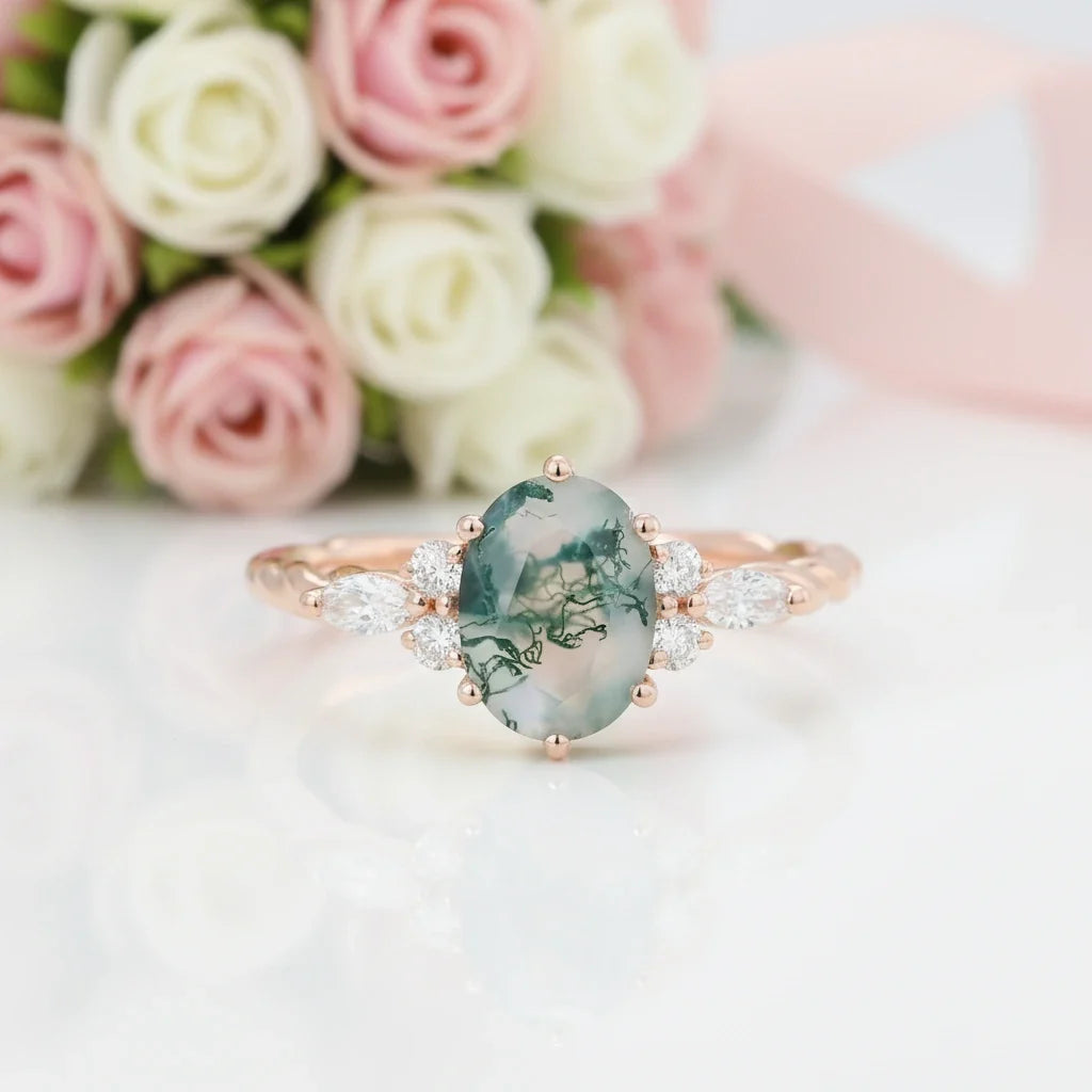 Natural Oval Moss Agate Promise Ring