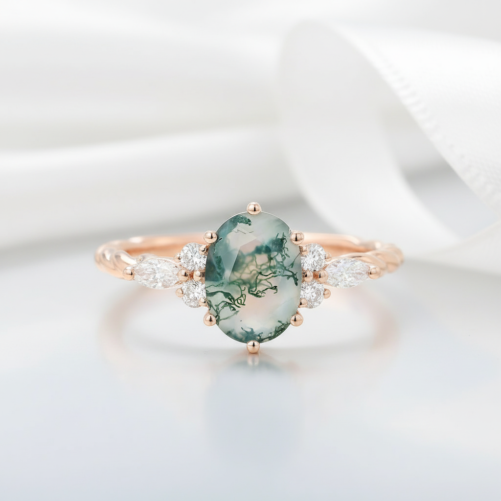 Natural Oval Moss Agate Promise Ring