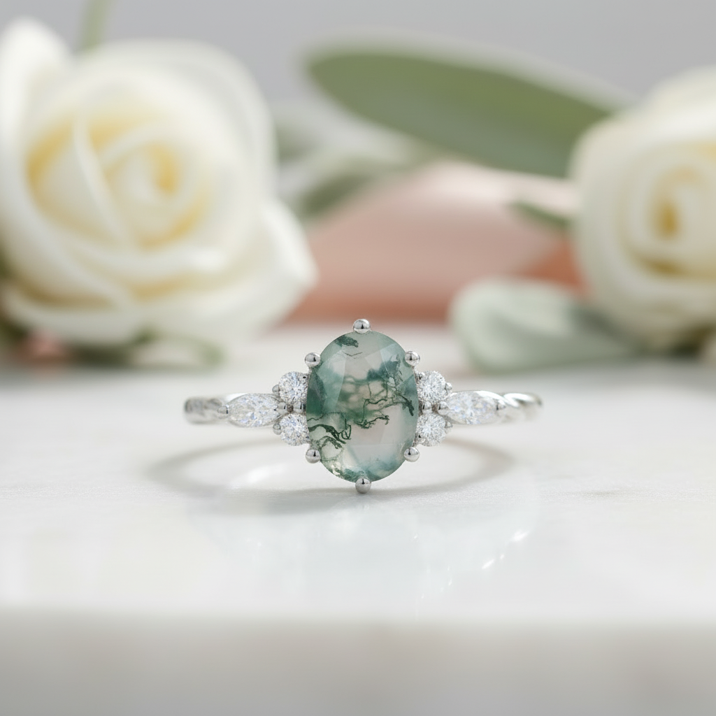 Natural Oval Moss Agate Promise Ring