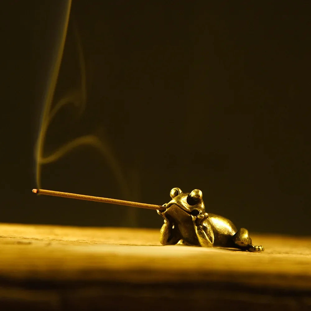 Miniature Brass Frog Incense Holder Sculpture