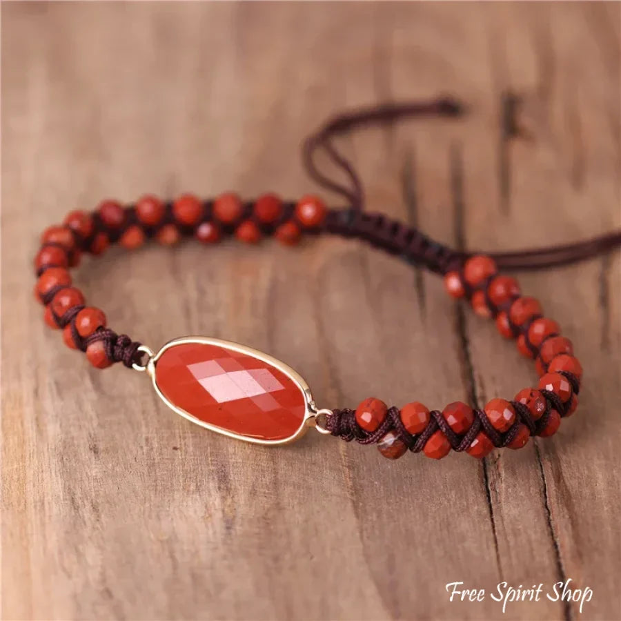 Natural Red Jasper Stone Bead Adjustable Bracelet