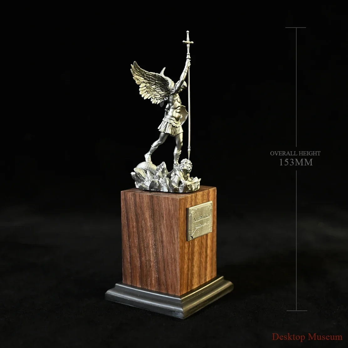 Saint Michael Warrior Figure on Walnut Pedestal