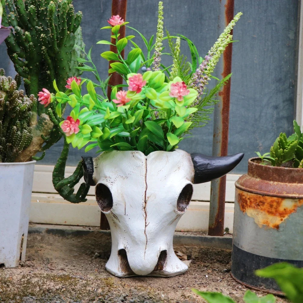 Bull Skull Resin Planter