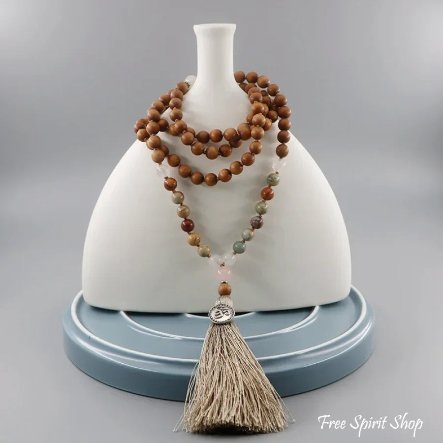 108 Natural Sandalwood Rose Quartz & Jasper Mala Bead Necklace