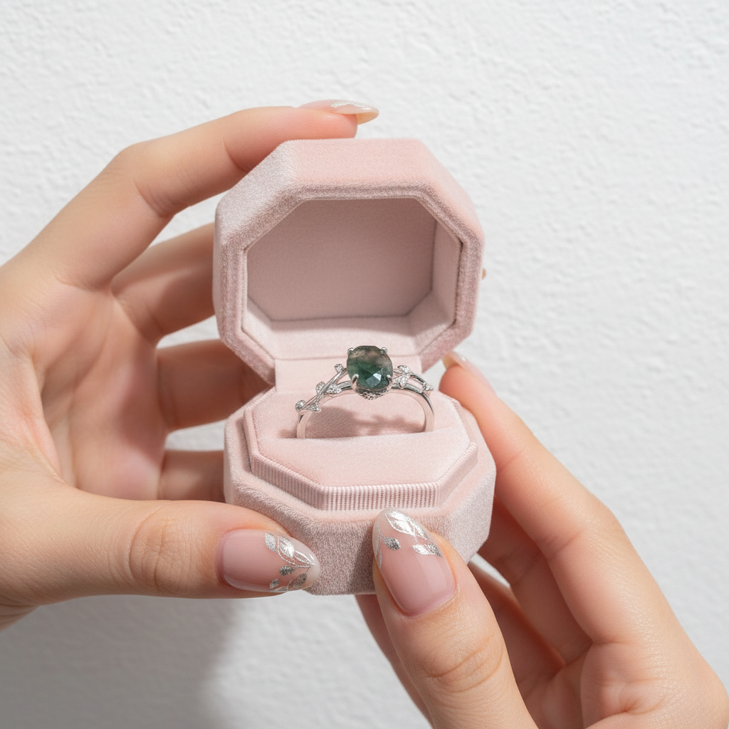 Leaf Branch Oval Moss Agate Cocktail Ring