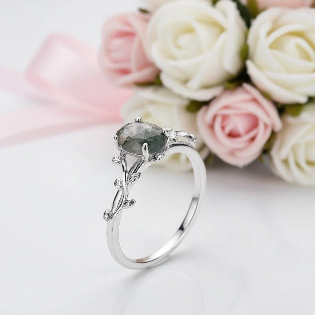 Leaf Branch Oval Moss Agate Cocktail Ring