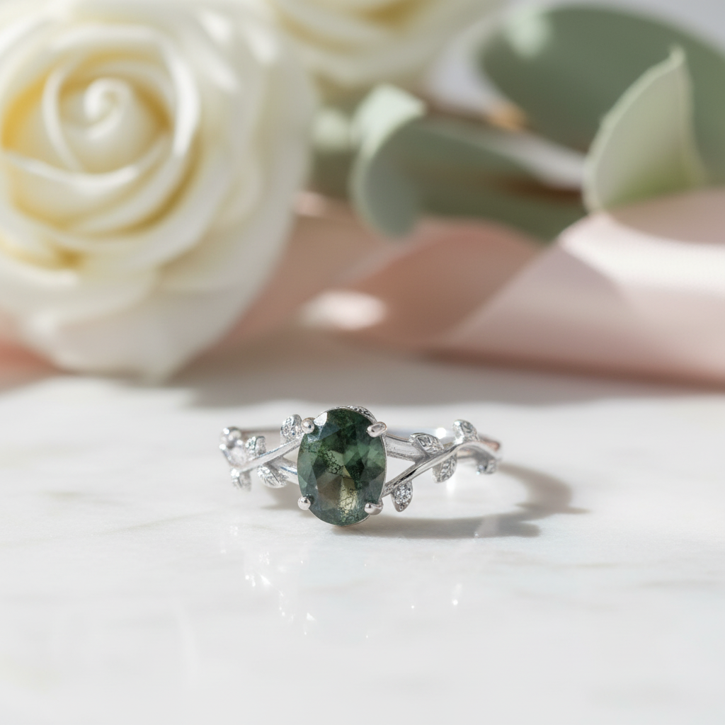 Leaf Branch Oval Moss Agate Cocktail Ring