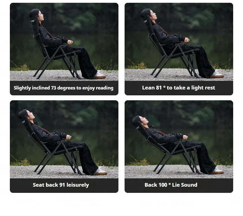 BLACKDOG High Back Folding Recliner Portable Lounger Chair High Backrest Load Bearing 120kg Carbon Steel Wood Armchair 4 Adjustable Camping Seat