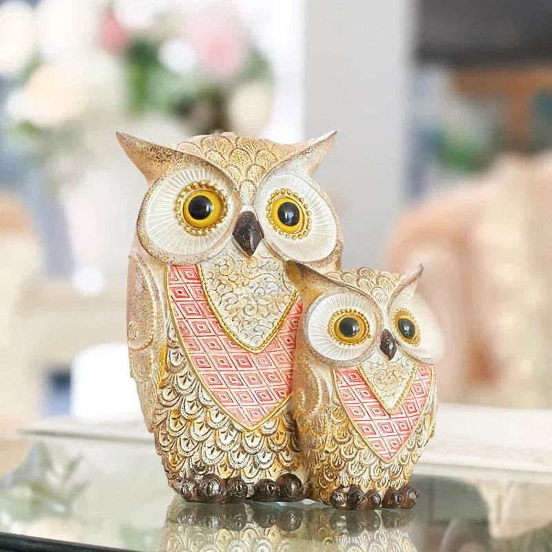 Gold and Red Owl Family Figurine