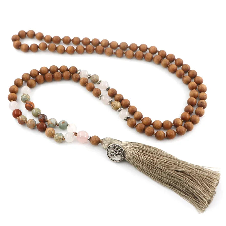 108 Natural Sandalwood Rose Quartz & Jasper Mala Bead Necklace