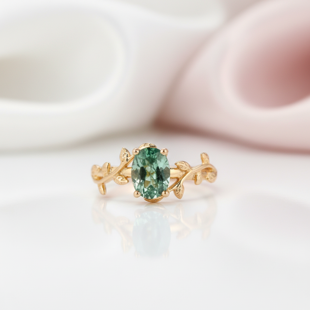 Leaf Branch Oval Moss Agate Cocktail Ring