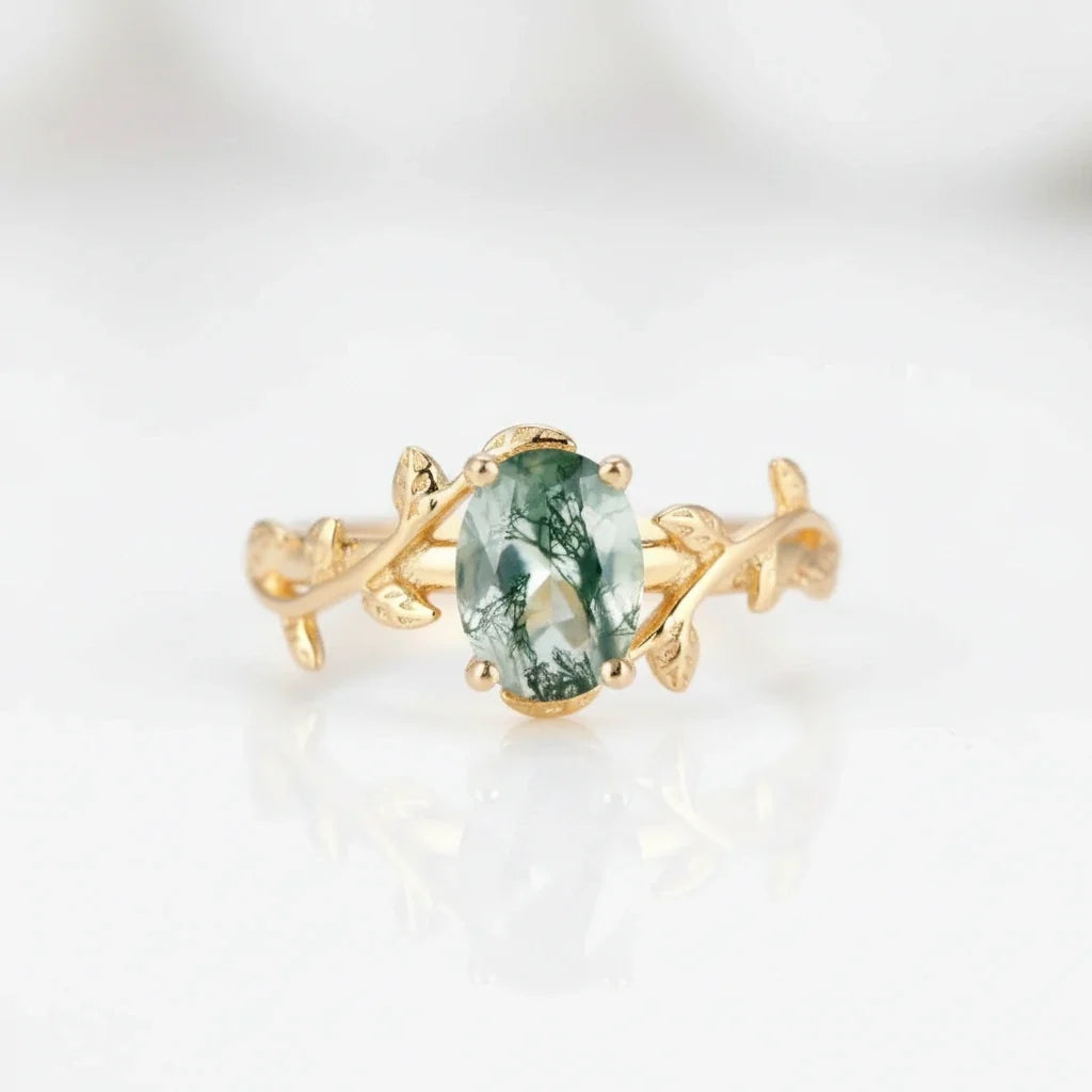 Leaf Branch Oval Moss Agate Cocktail Ring