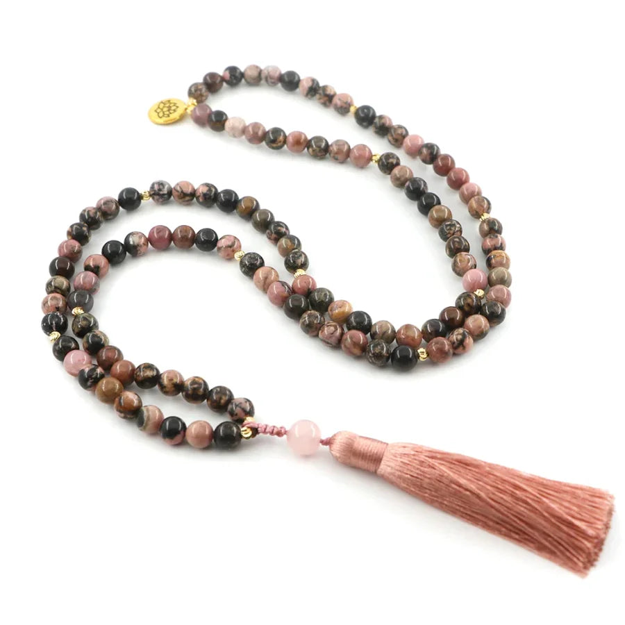 108 Pink & Black Rhodochrosite & Pink Tassel Mala Bead Necklace
