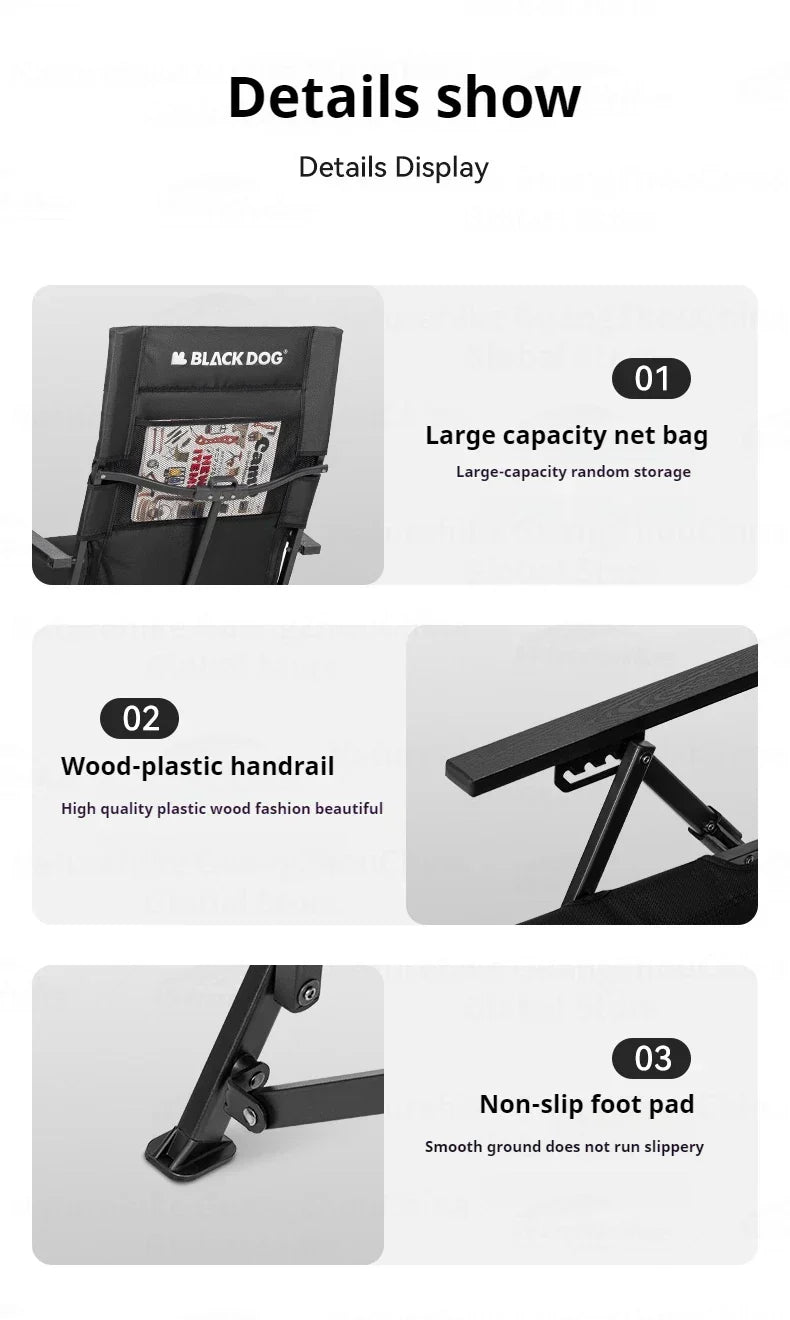 BLACKDOG High Back Folding Recliner Portable Lounger Chair High Backrest Load Bearing 120kg Carbon Steel Wood Armchair 4 Adjustable Camping Seat