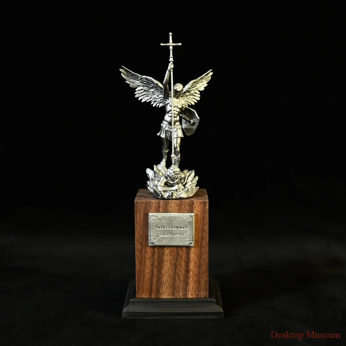 Saint Michael Warrior Figure on Walnut Pedestal