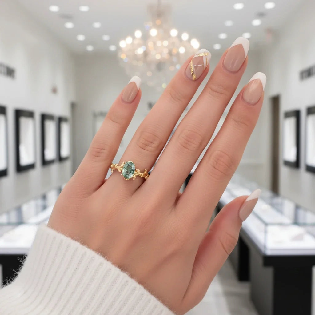Leaf Branch Oval Moss Agate Cocktail Ring