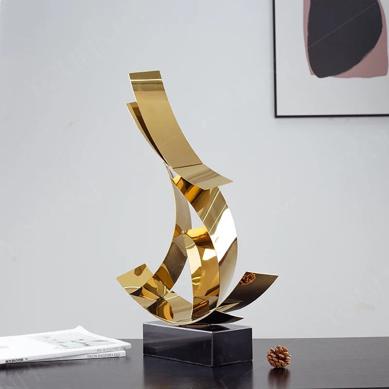 Abstract Polished Steel Ribbon Sculpture with Marble Base