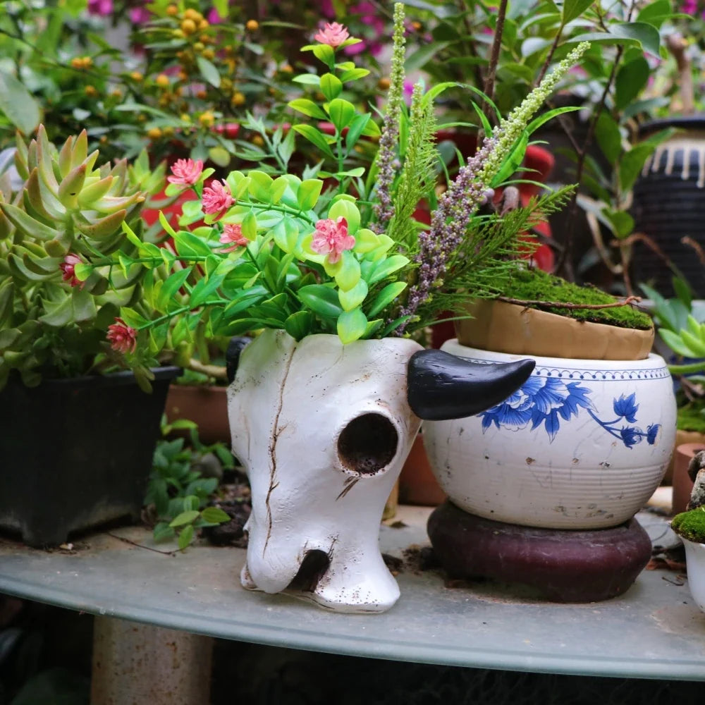 Bull Skull Resin Planter