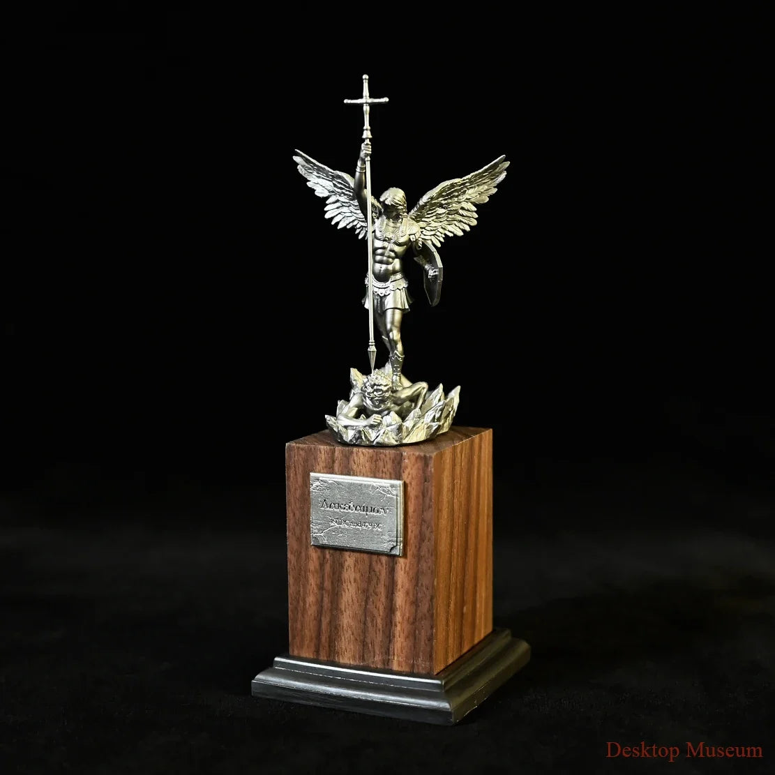 Saint Michael Warrior Figure on Walnut Pedestal