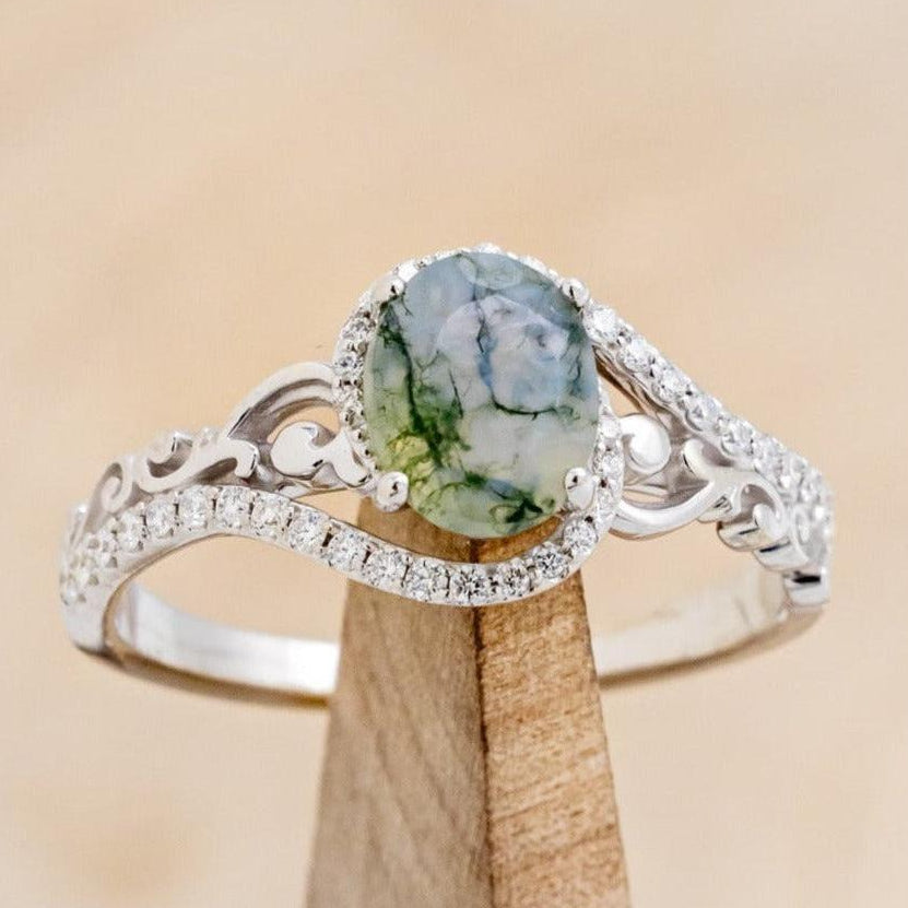 "Scarlet" - Oval Cut Moss Agate Engagement Ring With Diamond Accents
