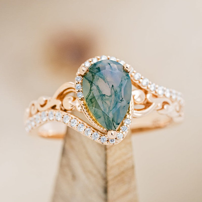 "Scarlet" - Pear Cut Moss Agate Engagement Ring With Diamond Accents