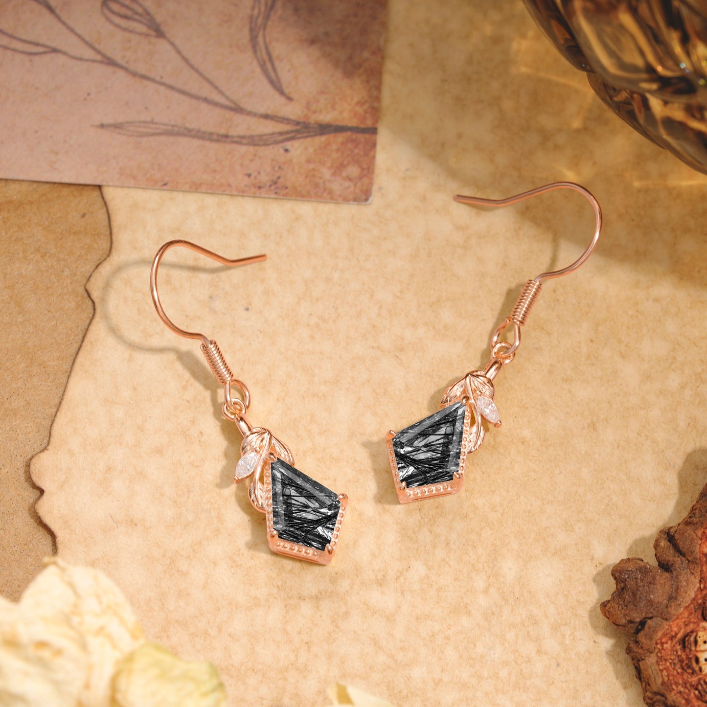 Classic Sparkling Geometric Black Rutilated Quartz Drop Earrings