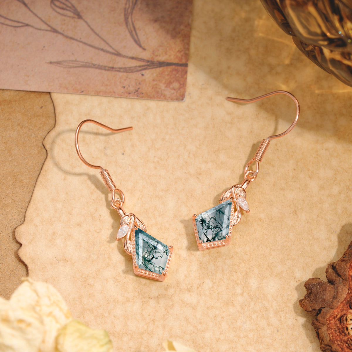 Classic Sparkling Geometric Moss Agate Drop Earrings