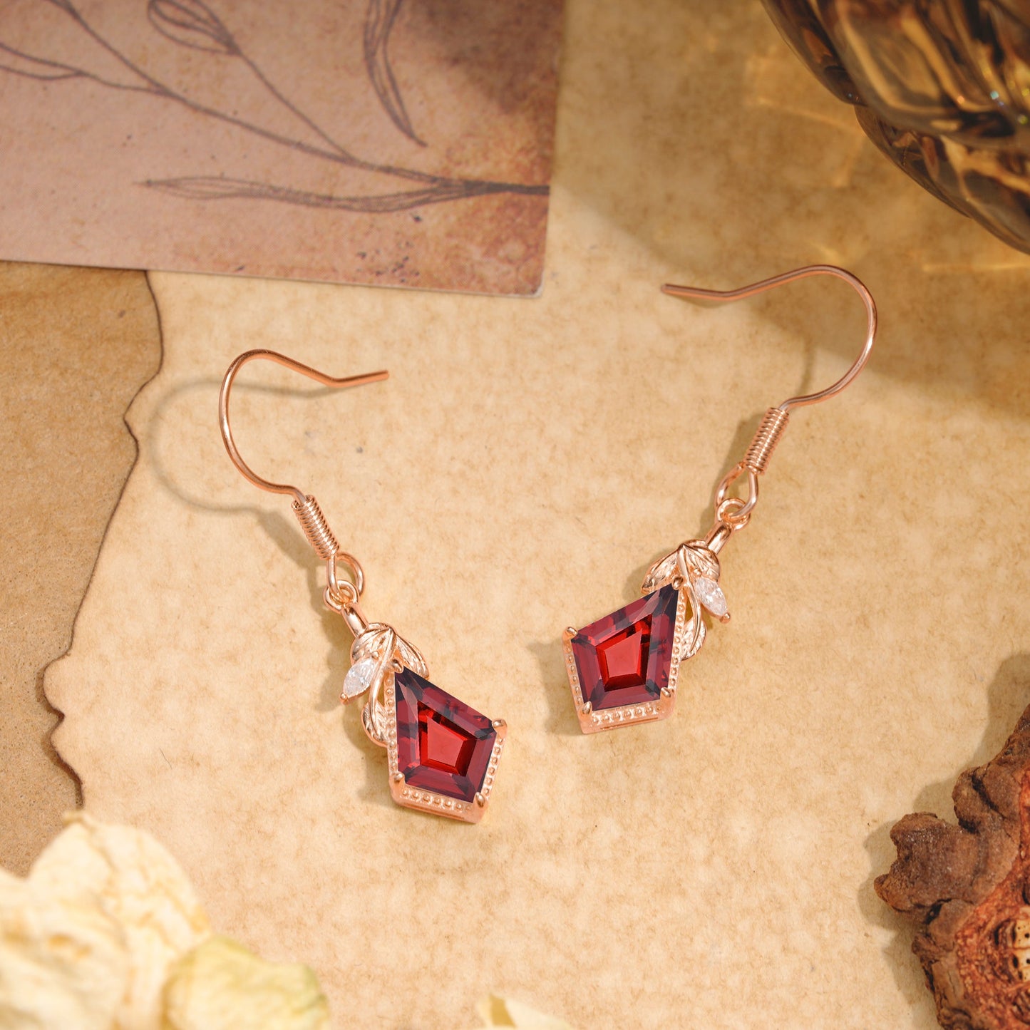Classic Sparkling Geometric Garnet Drop Earrings