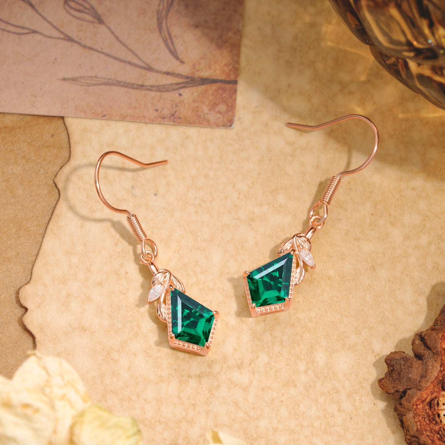 Classic Sparkling Geometric Emerald Drop Earrings