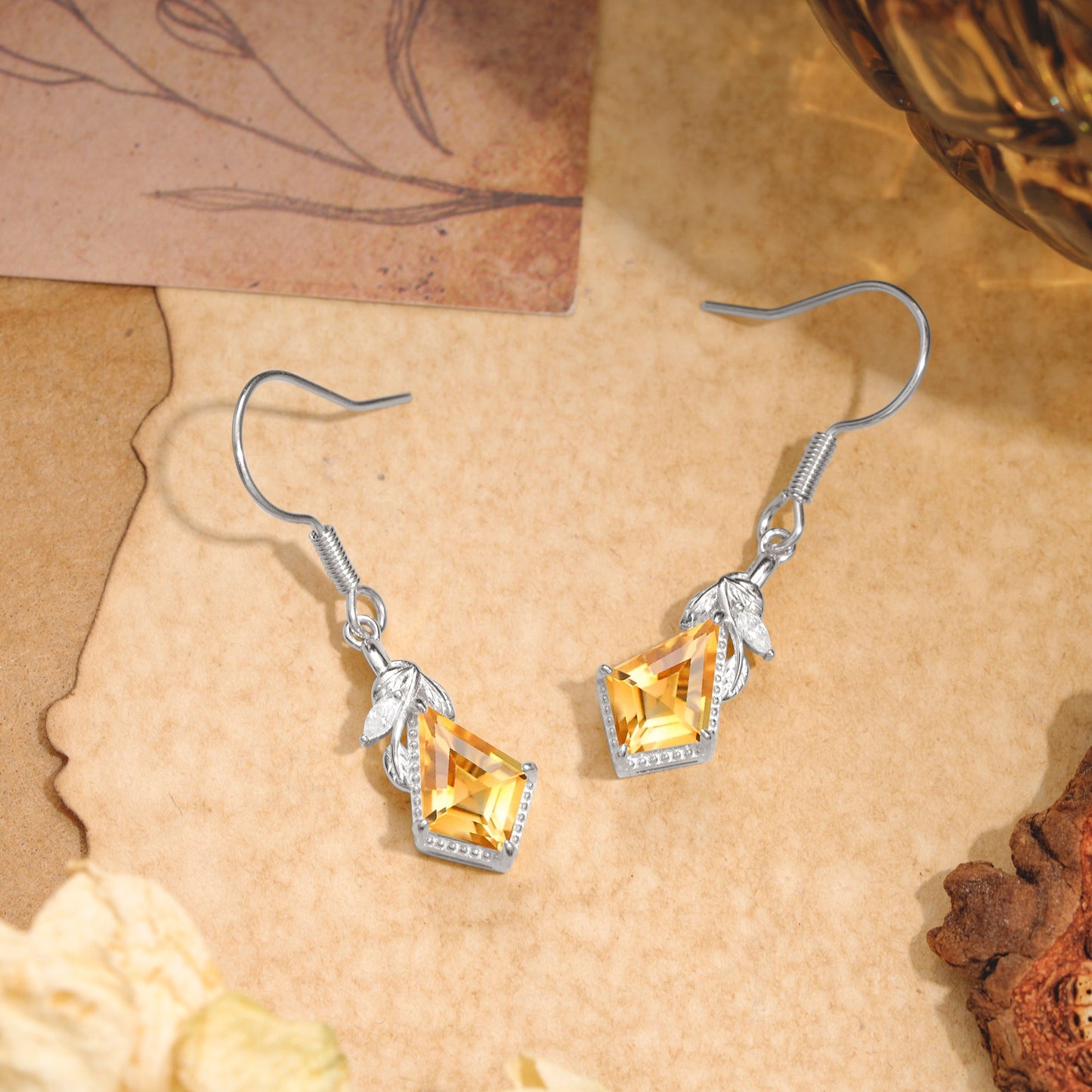 Classic Sparkling Geometric Citrine Drop Earrings