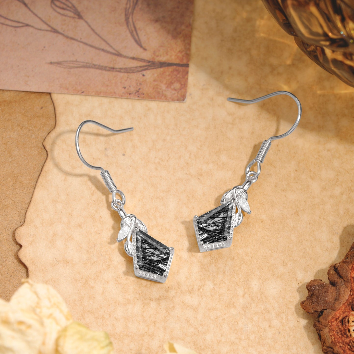 Classic Sparkling Geometric Black Rutilated Quartz Drop Earrings