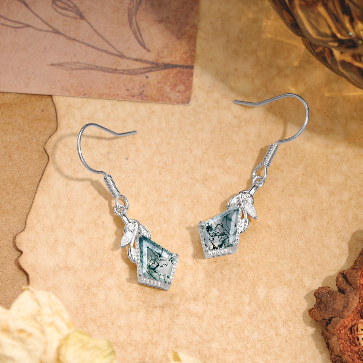 Classic Sparkling Geometric Moss Agate Drop Earrings