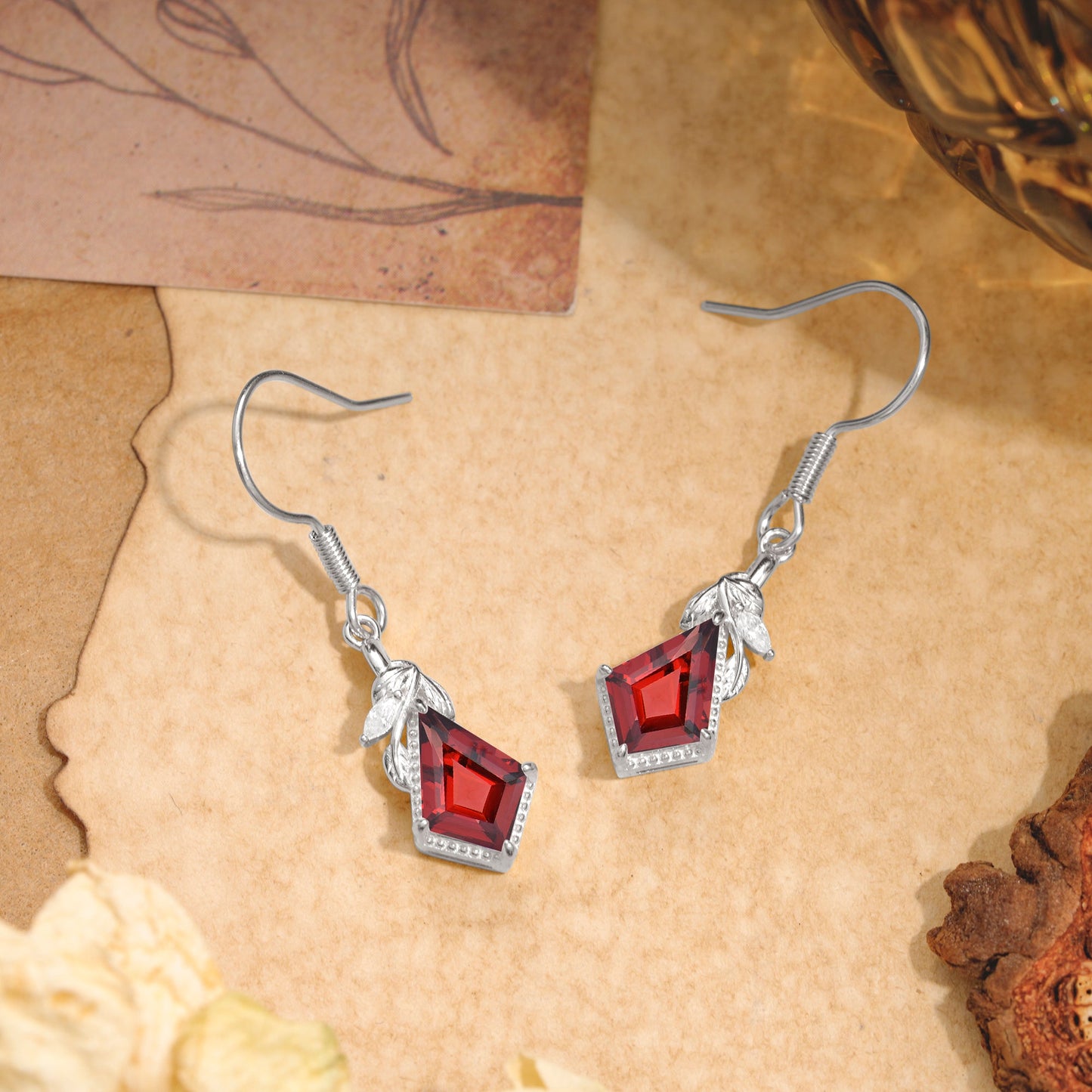 Classic Sparkling Geometric Garnet Drop Earrings