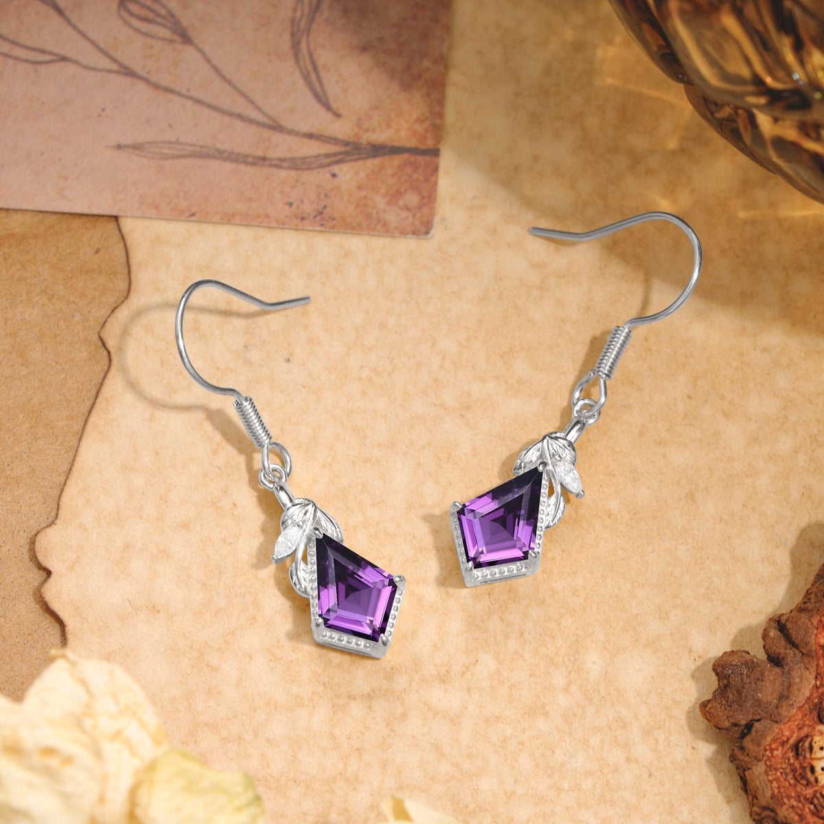 Classic Sparkling Geometric Amethyst Drop Earrings