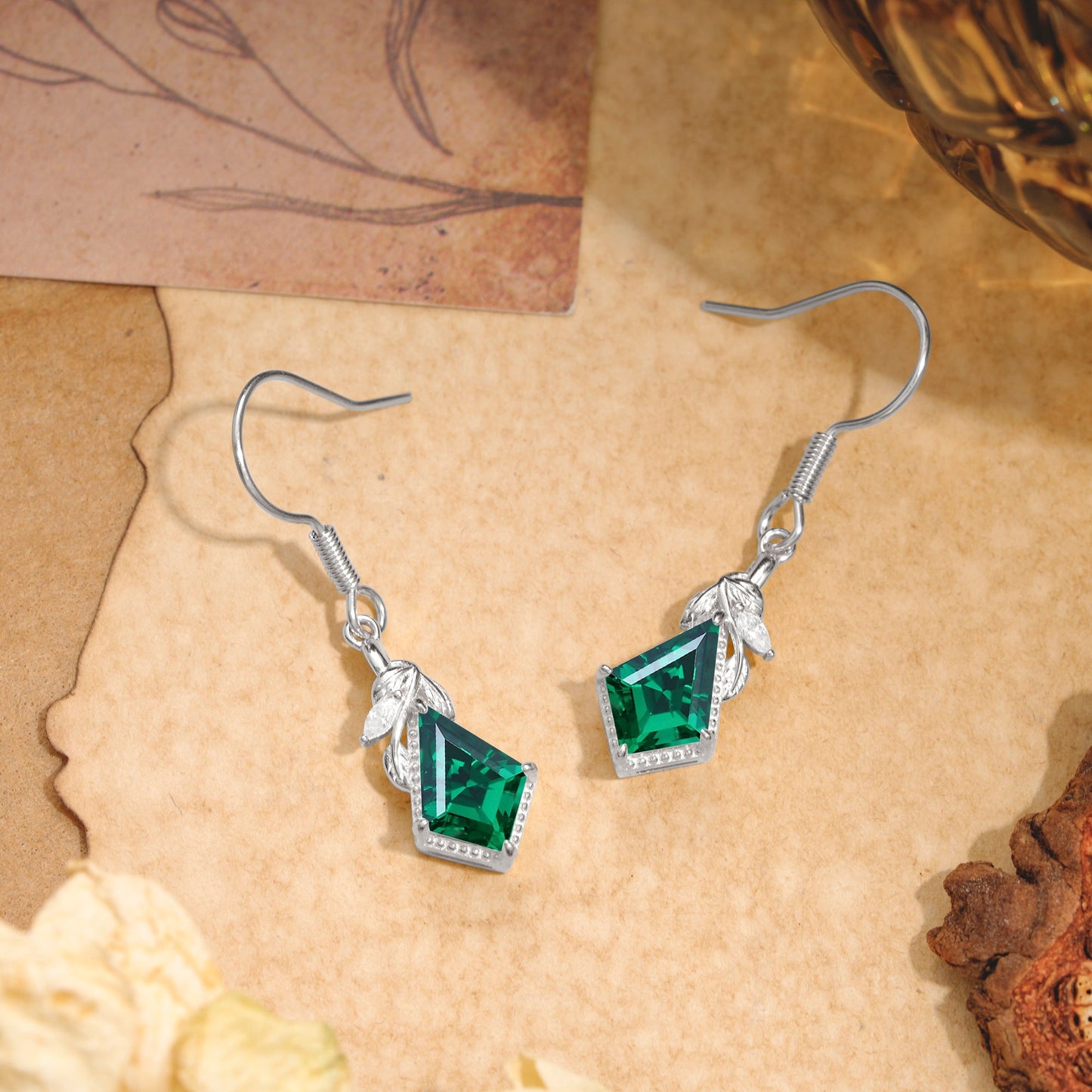 Classic Sparkling Geometric Emerald Drop Earrings