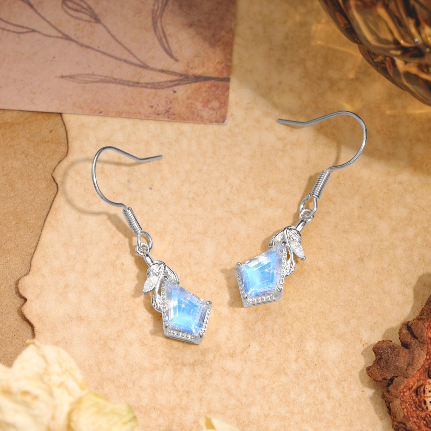 Classic Sparkling Geometric Moonstone Drop Earrings