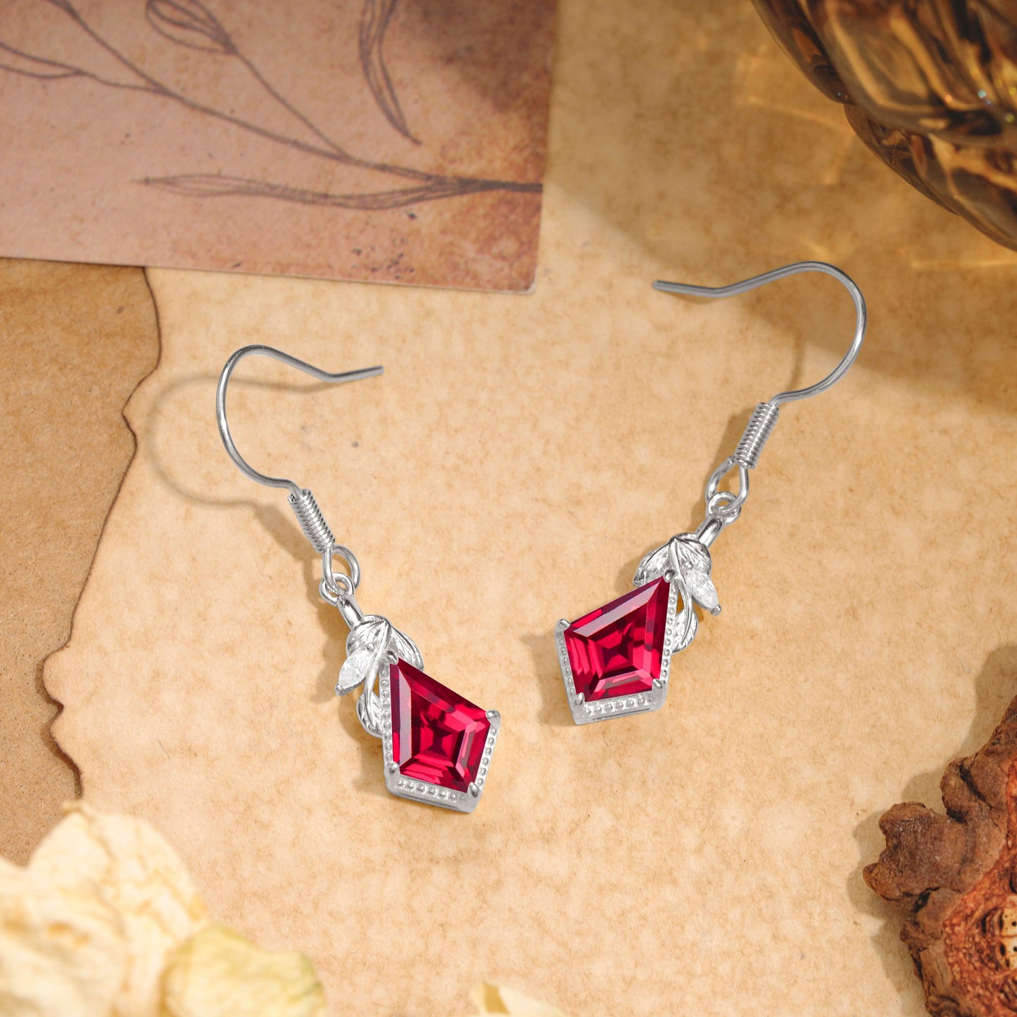 Classic Sparkling Geometric Ruby Drop Earrings