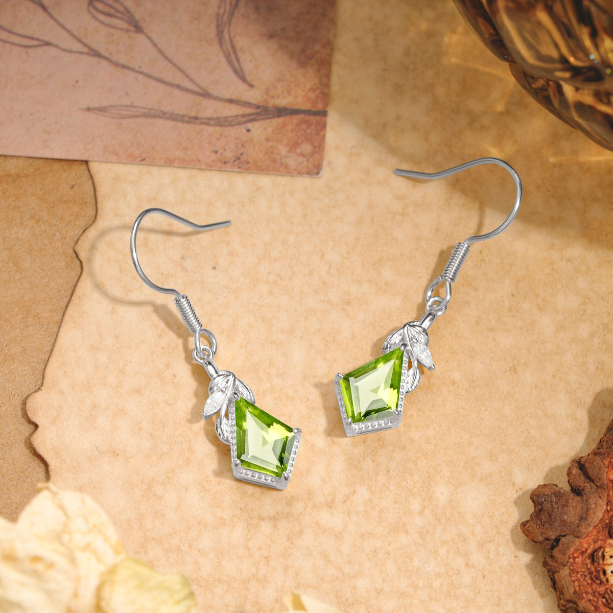Classic Sparkling Geometric Peridot Drop Earrings