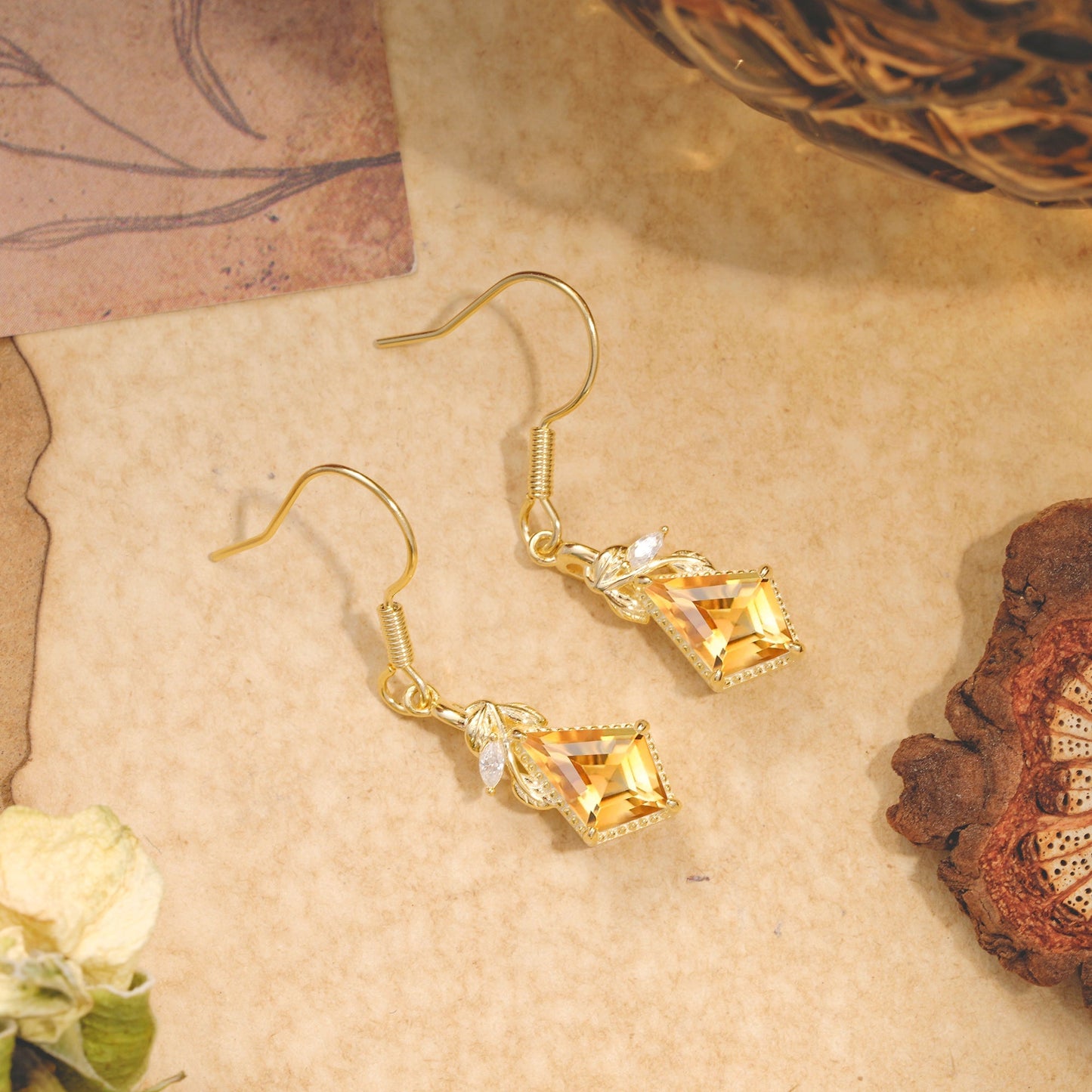 Classic Sparkling Geometric Citrine Drop Earrings