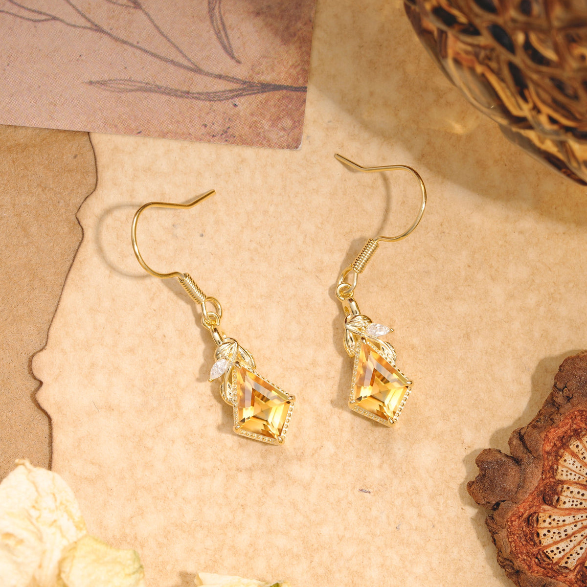 Classic Sparkling Geometric Citrine Drop Earrings
