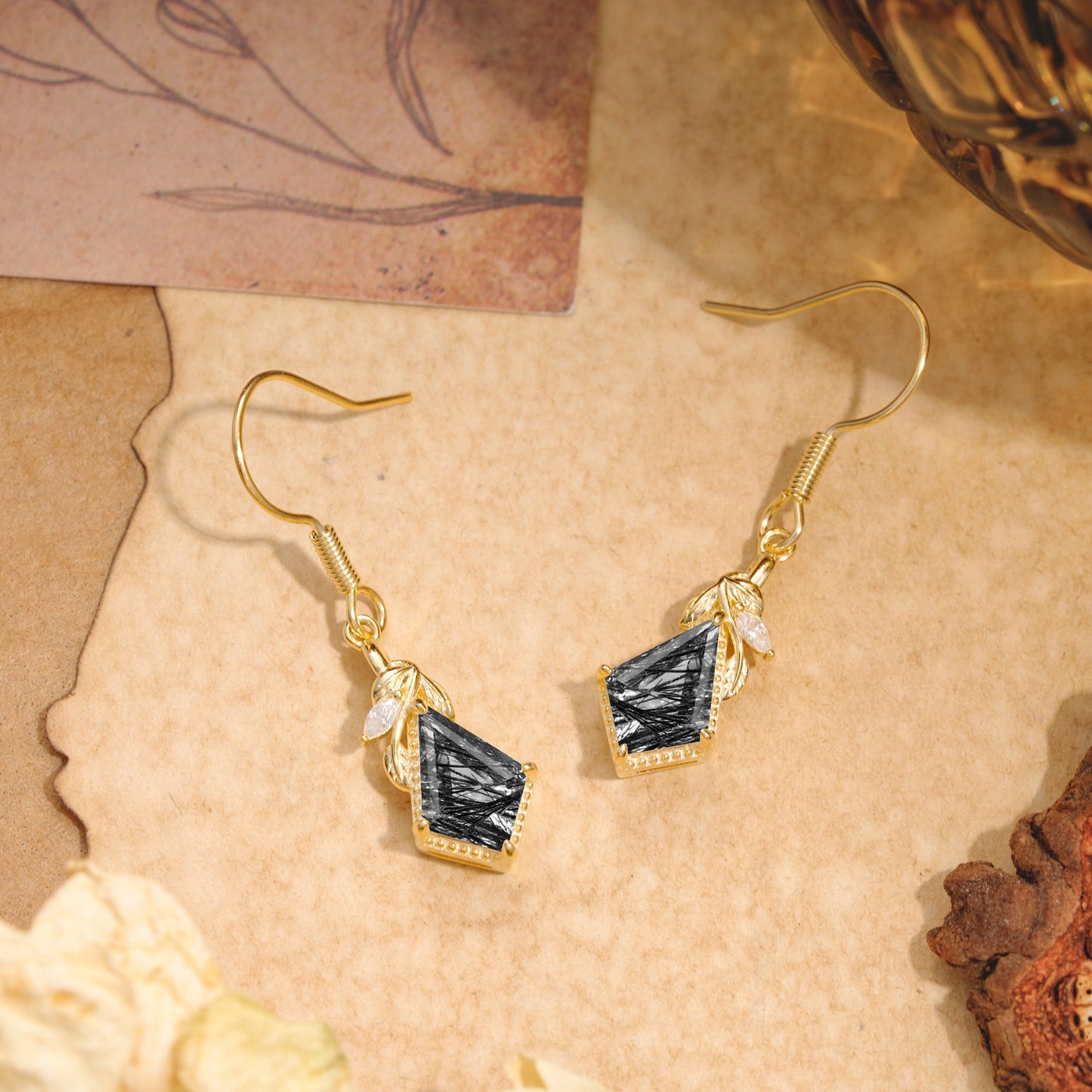 Classic Sparkling Geometric Black Rutilated Quartz Drop Earrings